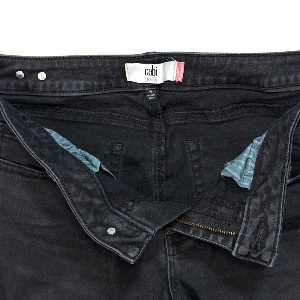 CAbi Women's Slim Boyfriend Jeans Size 6 Black Pants Distressed Torn Knee - Picture 3 of 5